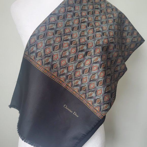Vintage CHRISTIAN DIOR Silk & Wool Long Neck Scarf Geo Pattern Black Red Grey - Picture 3 of 6